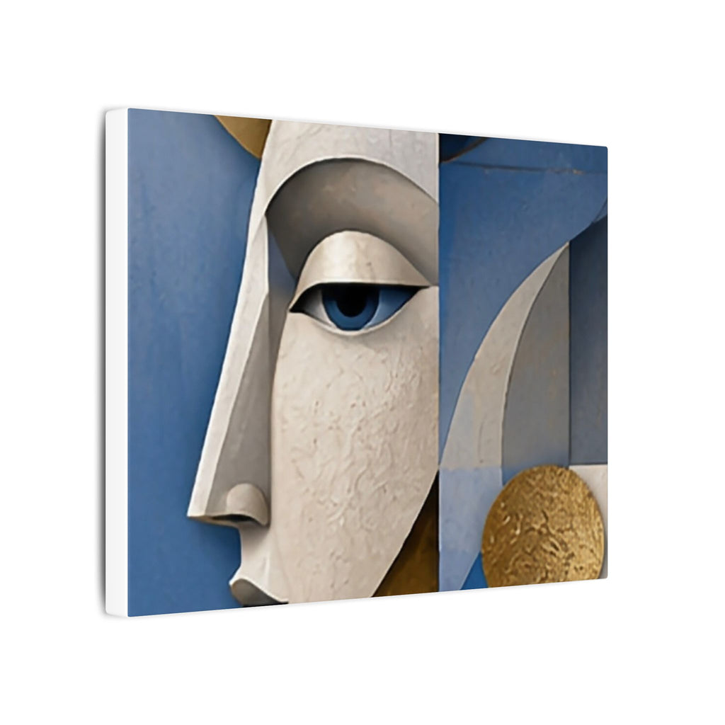 Abstract Face Canvas Wall Art — Modern Blue & Gold Stretched Matte Print