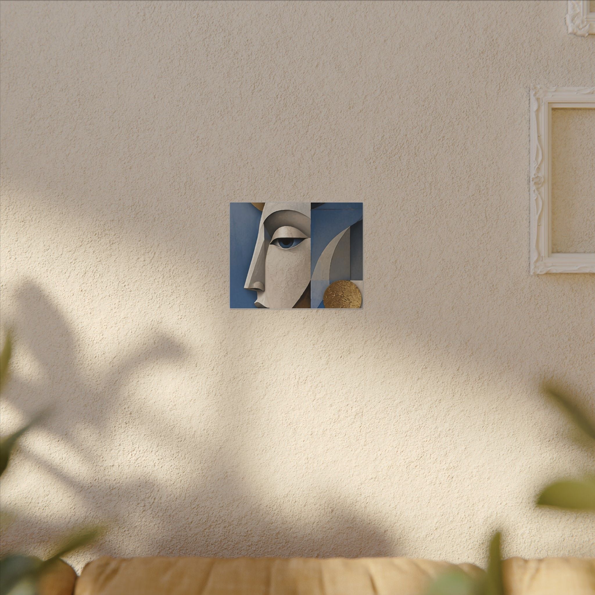 Abstract Face Canvas Wall Art — Modern Blue & Gold Stretched Matte Print