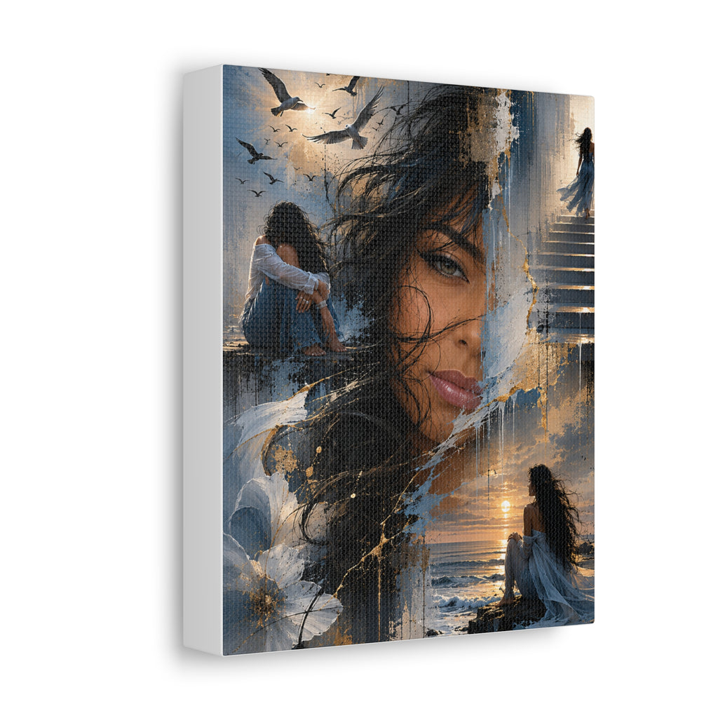 Becoming Portrait Canvas — Woman, Birds & Sunset Art Print