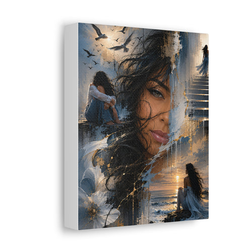 Becoming Portrait Canvas — Woman, Birds & Sunset Art Print