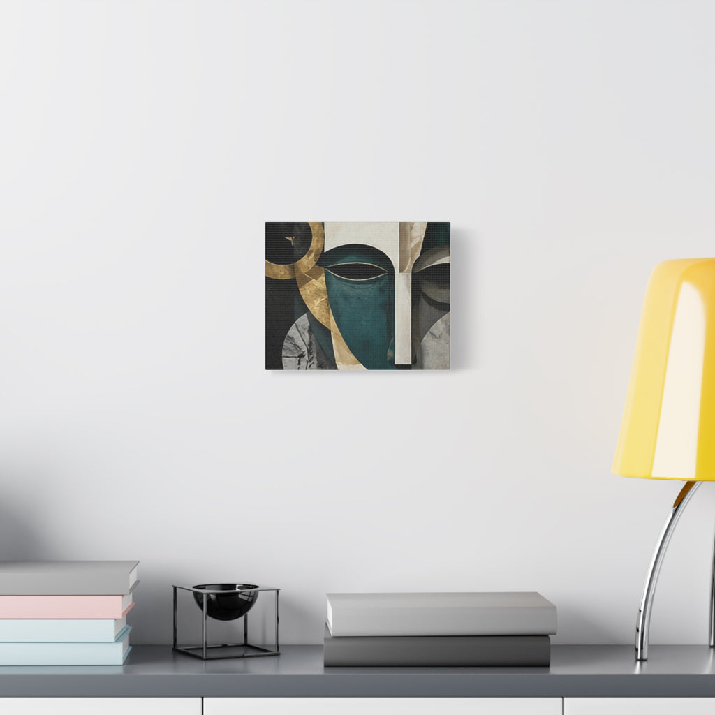 Abstract Tribal Face Matte Canvas Wall Art — Gold & Teal Stretched Print