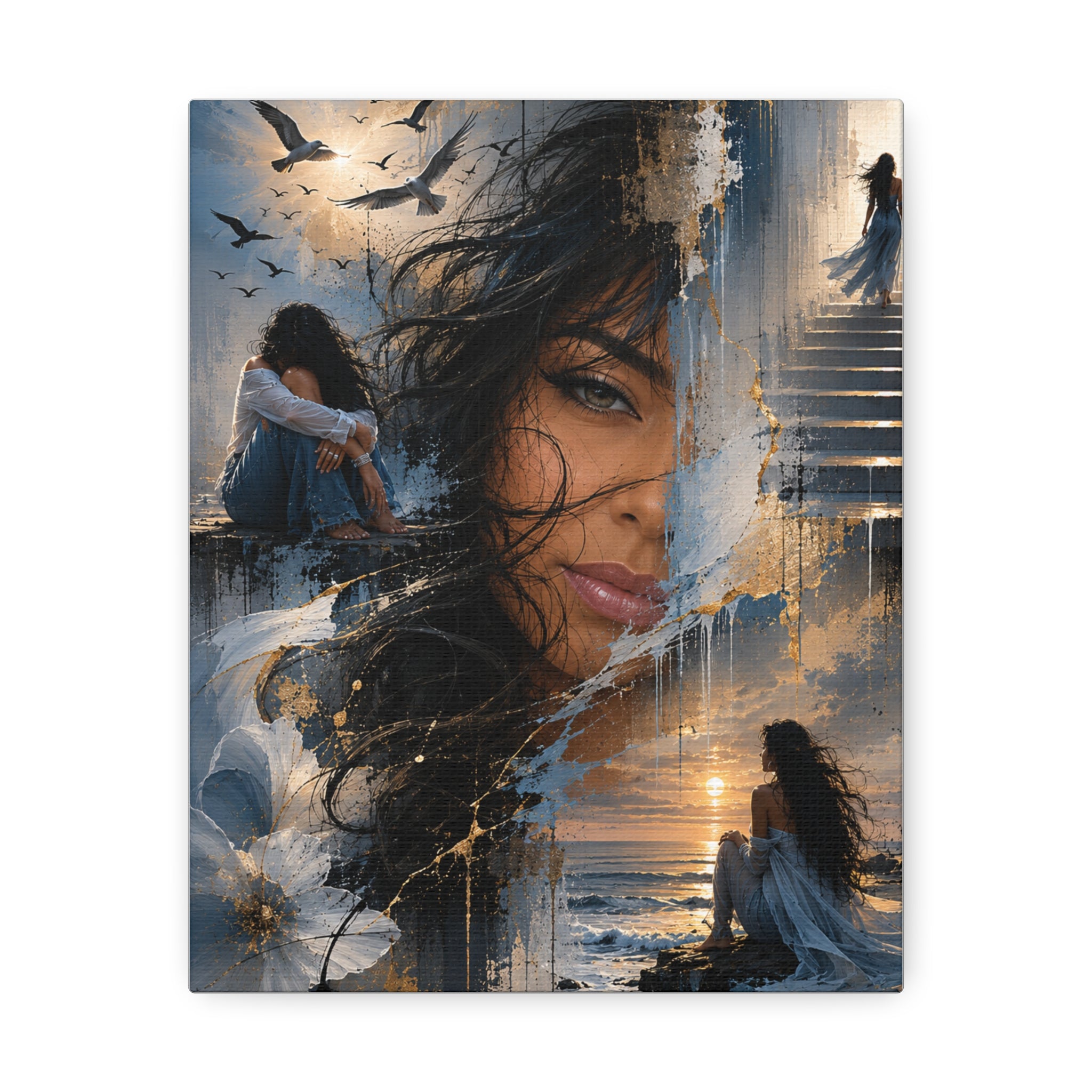 Becoming Portrait Canvas — Woman, Birds & Sunset Art Print