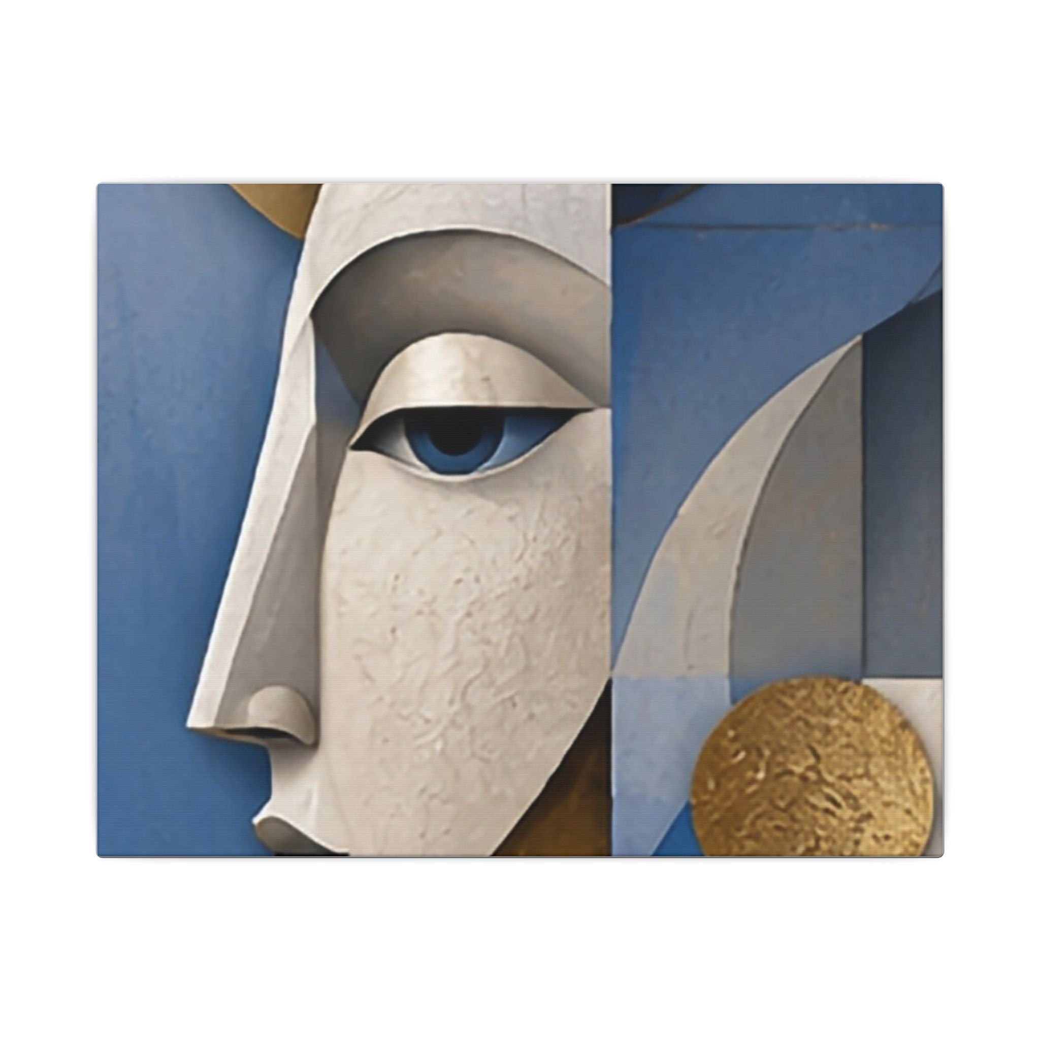 Abstract Face Canvas Wall Art — Modern Blue & Gold Stretched Matte Print