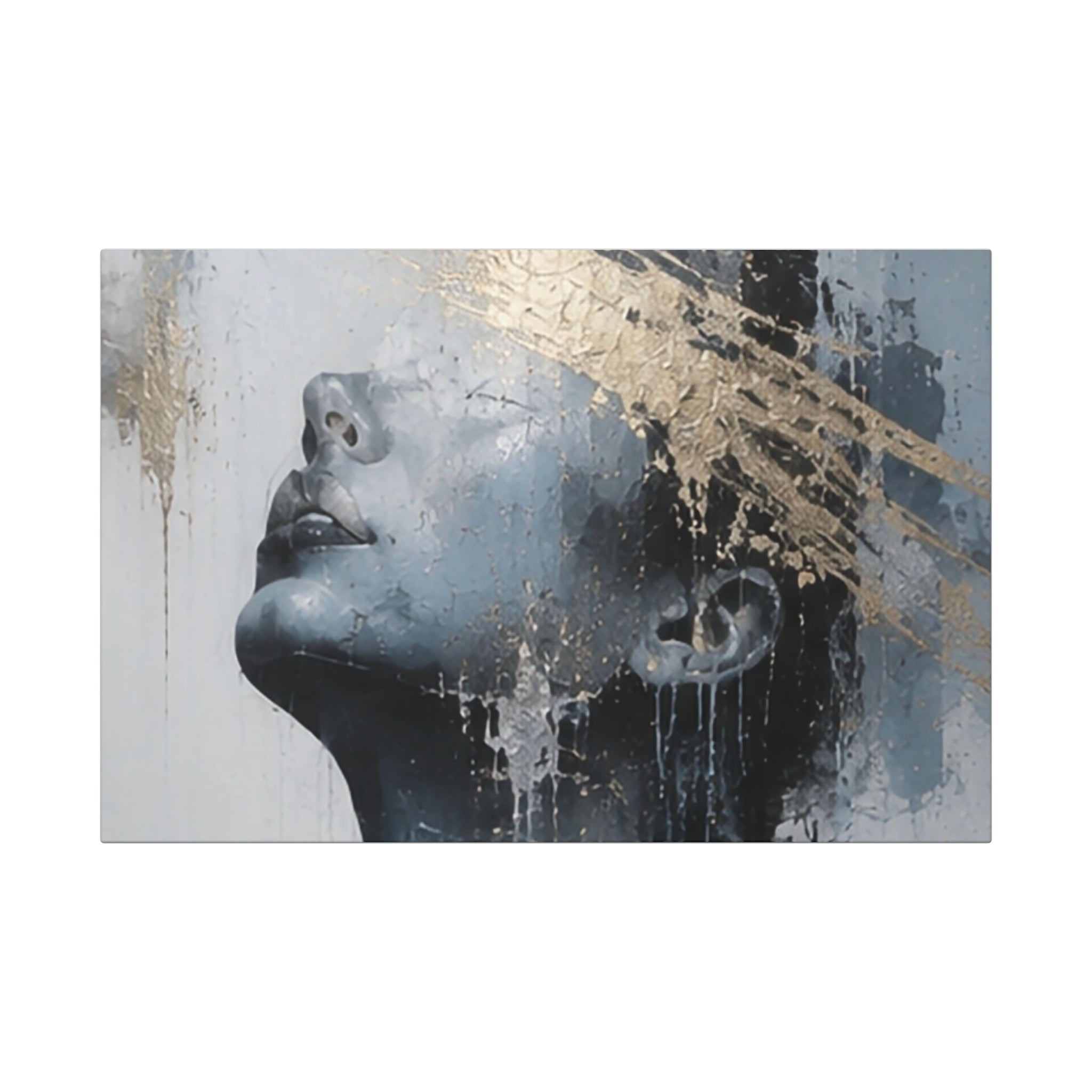 Canvas Art: Blue Portrait with Gold Leaf Accent – Modern Wall Art Wrap
