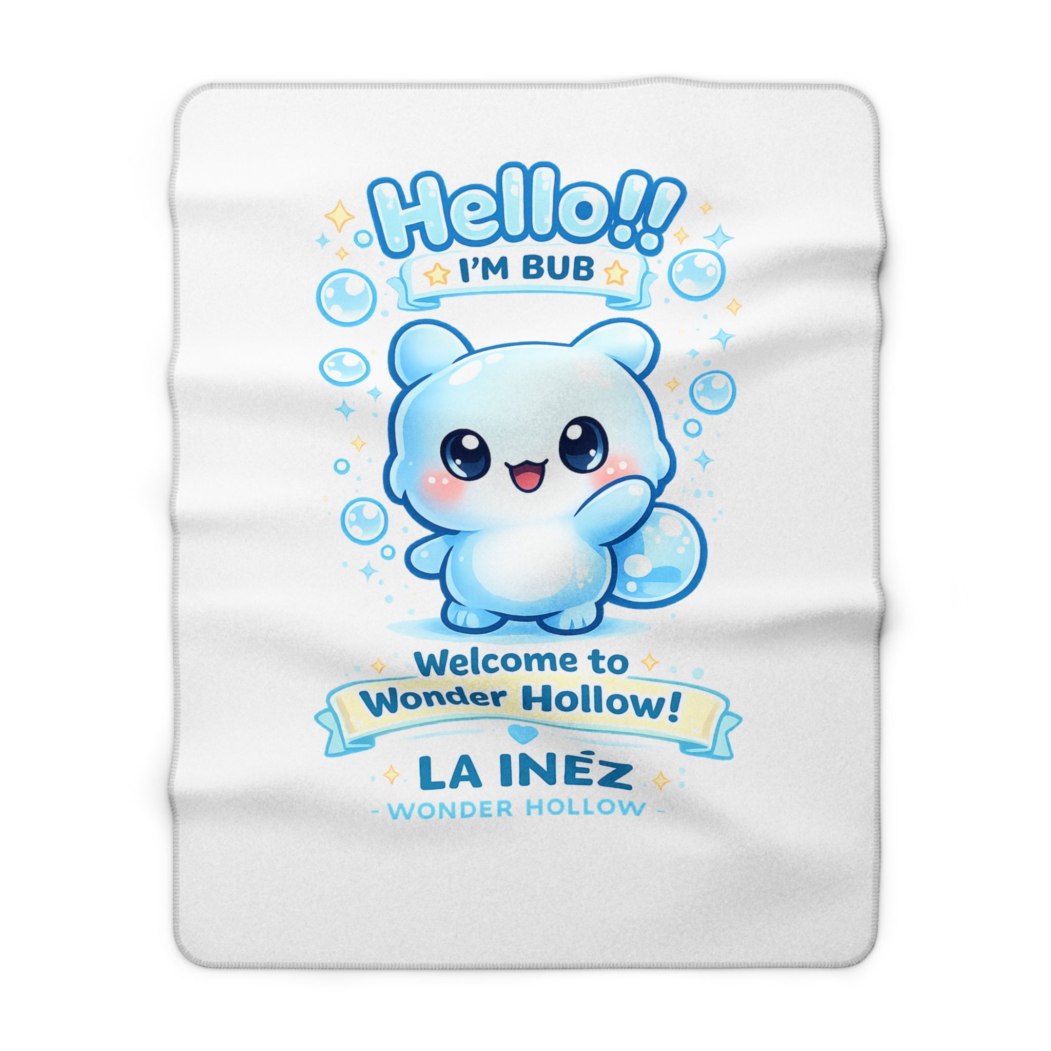 Hello! I'm Bub | LA INÈZ WONDER HOLLOW™ | Sherpa Fleece Blanket — Cute "Hello!! I'm Bub" Blue Kawaii Character Throw for Kids & Fans