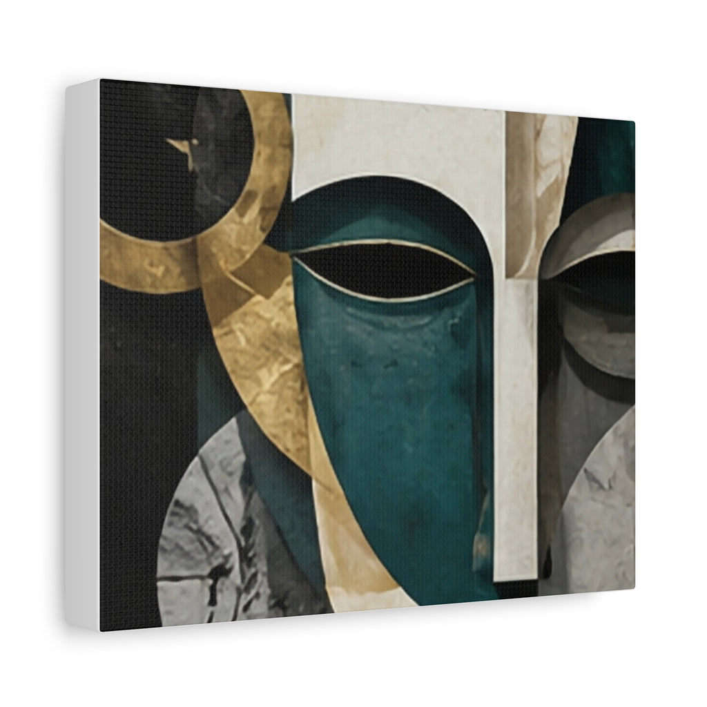 Abstract Tribal Face Matte Canvas Wall Art — Gold & Teal Stretched Print