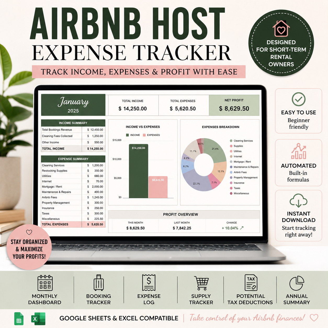 Airbnb Host Expense Tracker | Short-Term Rental Bookkeeping Spreadsheet | Vacation Rental Income & Expense Tracker | Airbnb Accounting Template