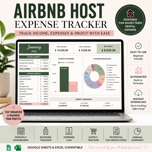 Airbnb Host Expense Tracker | Short-Term Rental Bookkeeping Spreadsheet | Vacation Rental Income & Expense Tracker | Airbnb Accounting Template