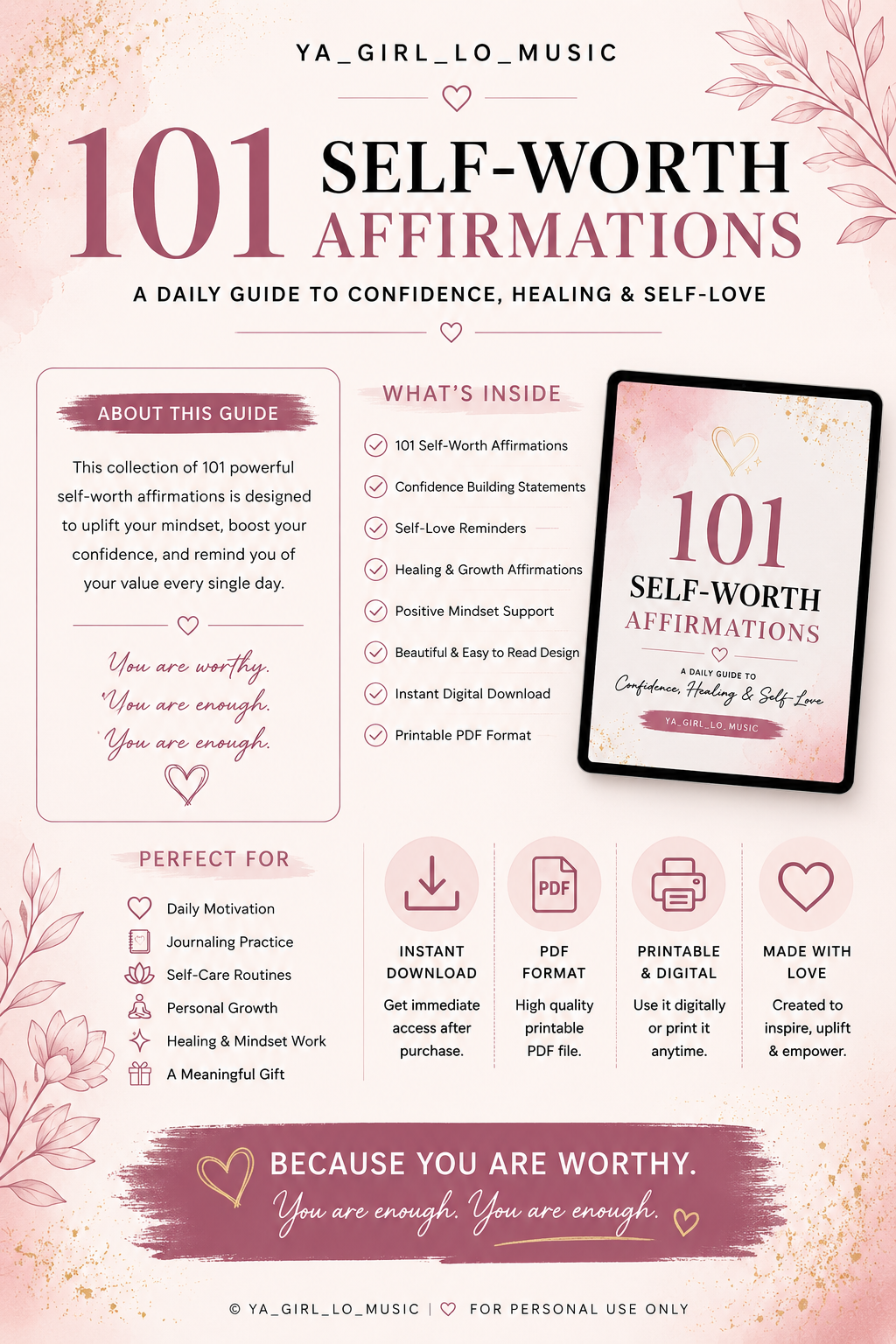 TITLE  101 Self-Worth Affirmations: A Daily Guide to Confidence, Healing & Self-Love | Digital Download PDF